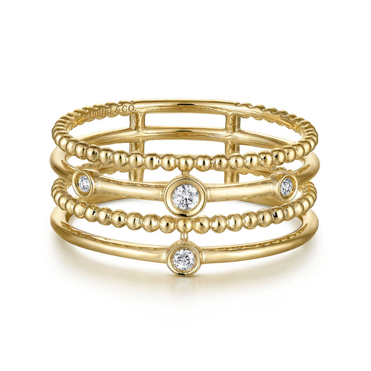 14K Yellow Gold Bezel Set Diamond Station Layered Ring