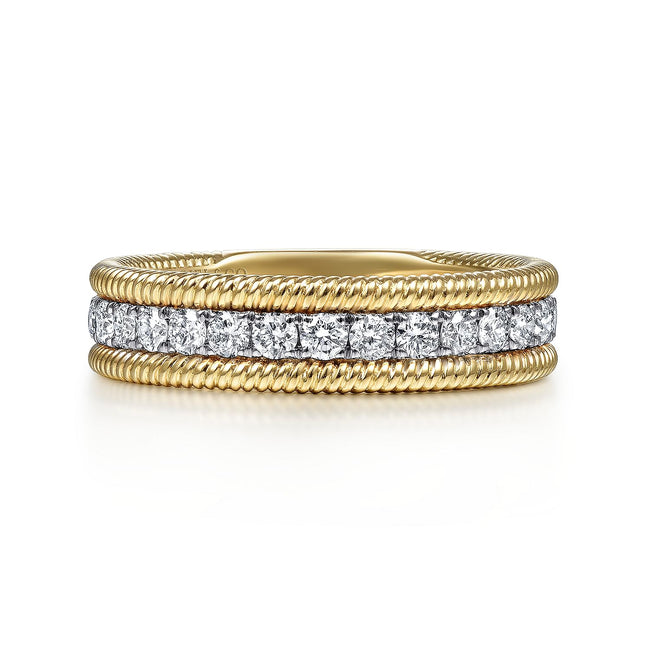 14K Yellow Gold Diamond Band Stackable with Twisted Rope Border