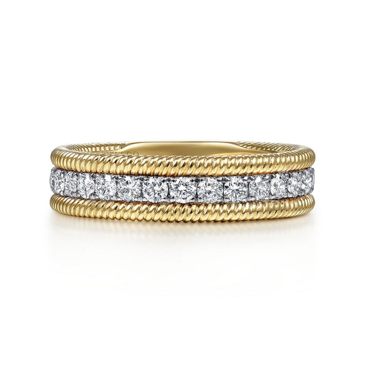 14K Yellow Gold Diamond Band Stackable with Twisted Rope Border
