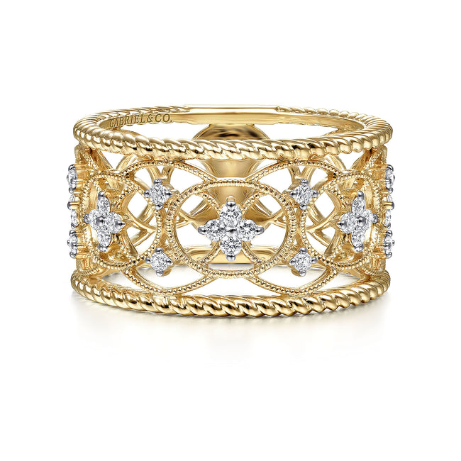 14K Yellow Gold Wide Open Work Diamond Ring with Twisted Rope Edge