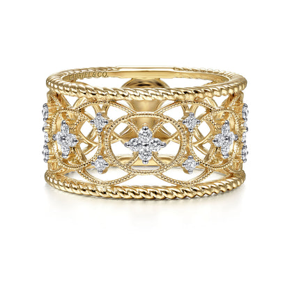 14K Yellow Gold Wide Open Work Diamond Ring with Twisted Rope Edge ...