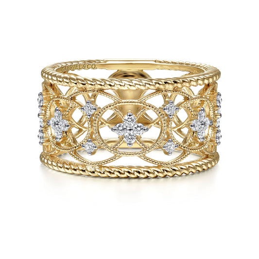 14K Yellow Gold Wide Open Work Diamond Ring with Twisted Rope Edge