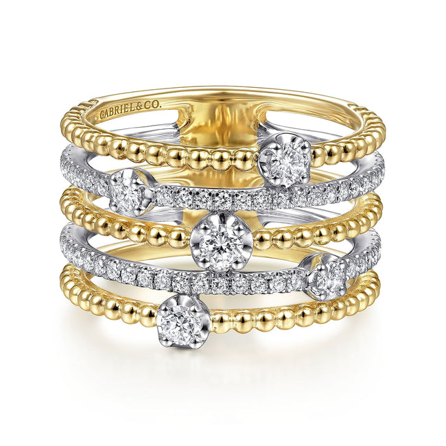 14K White-Yellow Gold Five Row Bujukan Ball and Diamond Station Ring