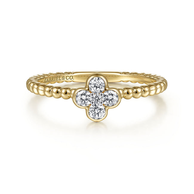 14K Yellow Gold Diamond Cluster Clover and Bujukan Bead Ring