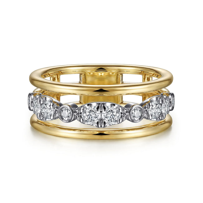 14K White-Yellow Gold Three Row Diamond Open Ring