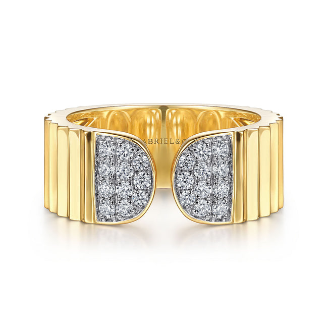 14K Yellow Gold Open Ring with Diamond Pavé End Caps and Diamond Cut Texture