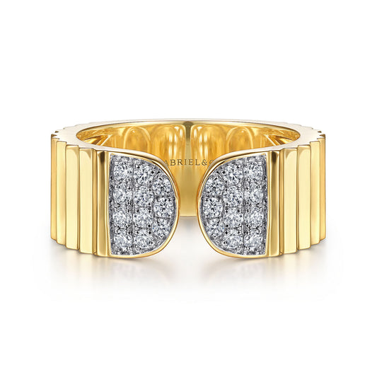 14K Yellow Gold Open Ring with Diamond Pavé End Caps and Diamond Cut Texture