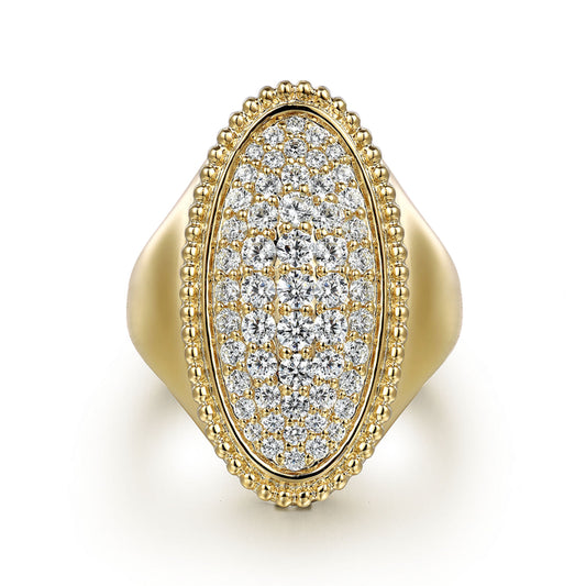 14K Yellow Gold Bujukan Diamond Elongated Oval Signet Ring