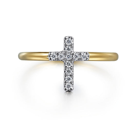 14K White and Yellow Gold Diamond Cross Ladies Ring