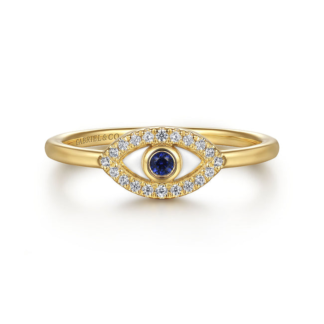 14K Yellow Gold Diamond and Blue Sapphire Evil Eye Stackable with White Enamel