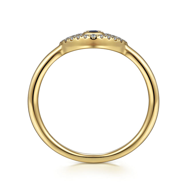 14K Yellow Gold Diamond and Blue Sapphire Evil Eye Stackable with White Enamel