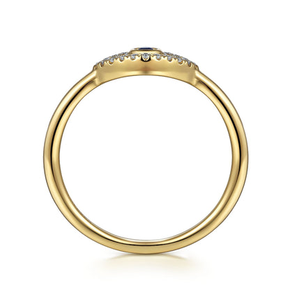 14K Yellow Gold Diamond and Blue Sapphire Evil Eye Stackable with White Enamel