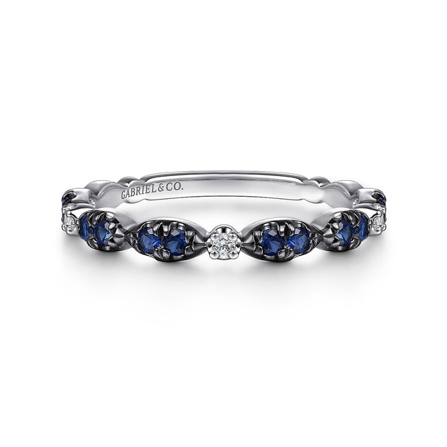14K White Gold Black Rhodium Diamond and Blue Sapphire Stackable Ladies Ring