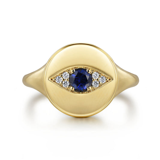 14K Yellow Gold Bujukan Diamond and Sapphire Evil Eye Signet Ladies Ring