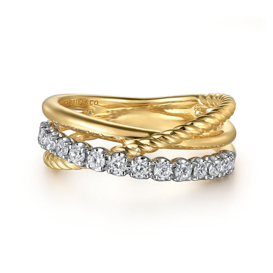 14K White and Yellow Gold Diamond And Rope Criss Cross Ladies Ring
