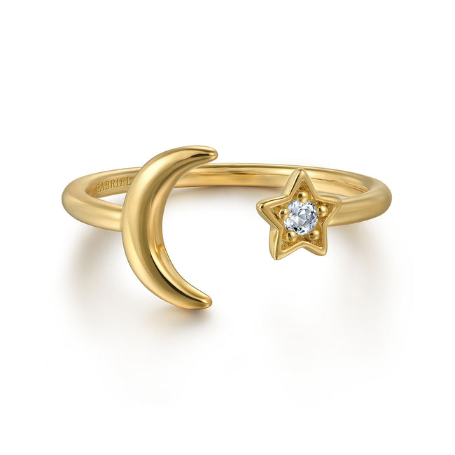 14K Yellow Gold White Sapphire Moon and Star Open Ladies Ring