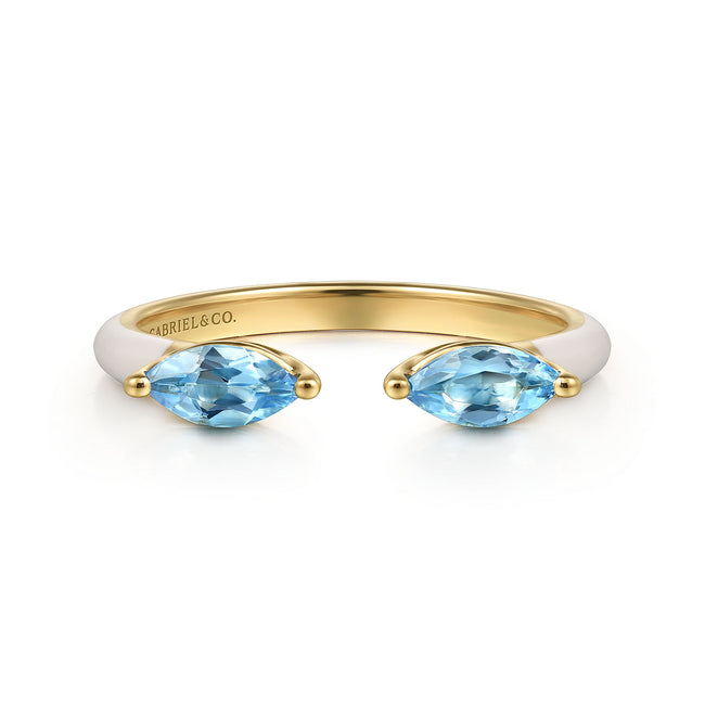 14K Yellow Gold Blue Topaz Open Stackable with White Enamel
