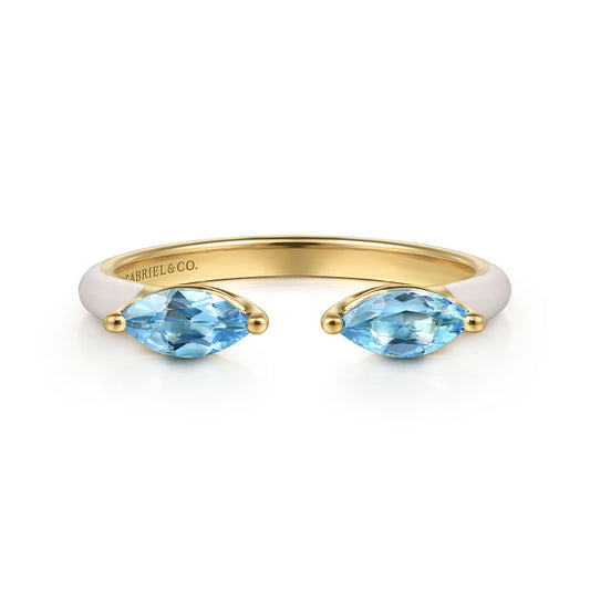 14K Yellow Gold Blue Topaz Open Stackable with White Enamel