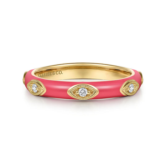 14K Yellow Gold Diamond Split Stackable with Fuchsia Enamel