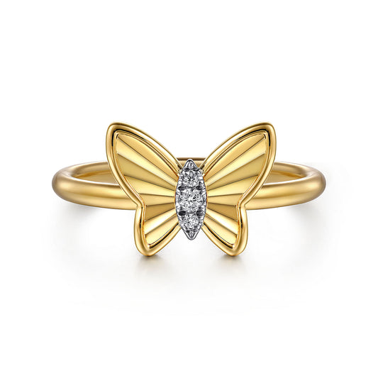14K Yellow Gold Diamond Diamond Cut Butterfly Ring
