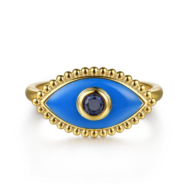 14K Yellow Gold Bujukan Sapphire Evil Eye Ring with Blue Enamel