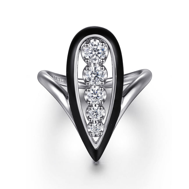 14K White Gold Graduating Diamond Chevron Ring with Black Enamel