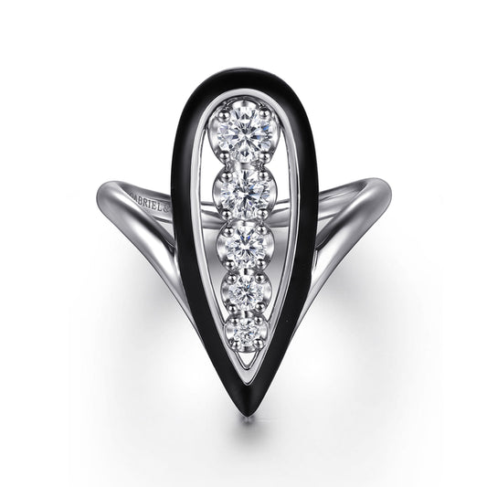 14K White Gold Graduating Diamond Chevron Ring with Black Enamel