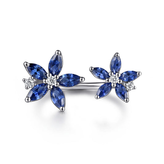 14K White Gold Diamond and Marquise Sapphire Flower Open Ring