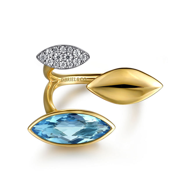 14K White and Yellow Gold Diamond and Marquise Blue Topaz Ladies Ring