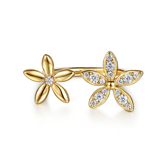 14K Yellow Gold Diamond Floral Open Ring