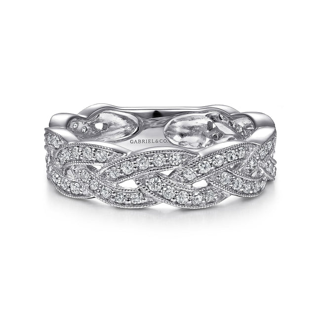 14K White Gold Braided Diamond Stackable Ring