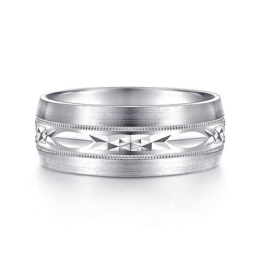 14K White Gold 8mm - Engraved Men's Wedding Band in Satin Finish