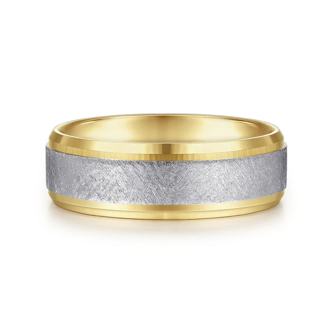 14K White-Yellow Gold 7mm - Beveled Edge Men's Wedding Band in Diamond Scratch Finish