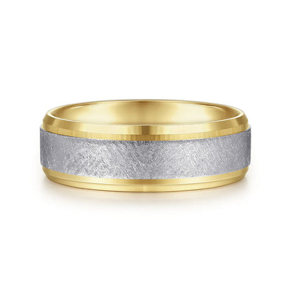14K White-Yellow Gold 7mm - Beveled Edge Men's Wedding Band in Diamond Scratch Finish