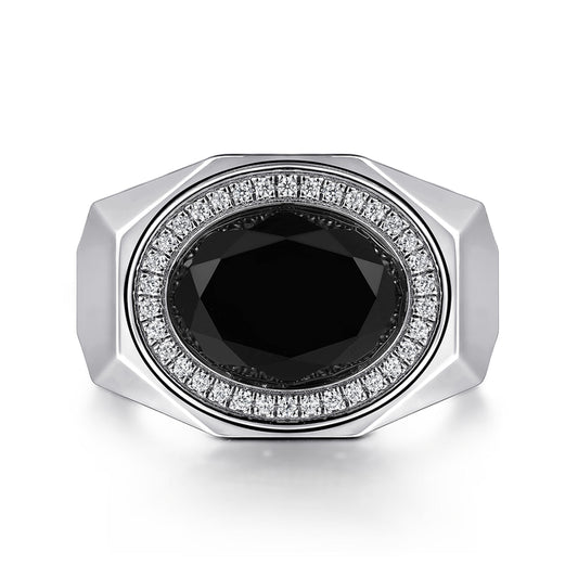 Wide Sterling Silver Ring with Faceted Onyx Stone in Sand Blast Finish