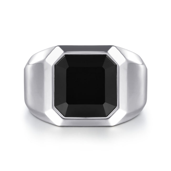 Wide 925 Sterling Silver Signet Ring with Faceted Onyx Stone in Sand Blast Finish