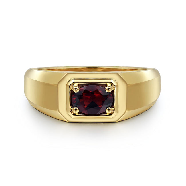 14K Yellow Gold Garnet Mens Ring in Sand Blast Finish