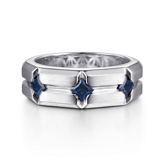 925 Sterling Silver Ring with Princess Cut Sapphire B quality Stations in Horizontal Brush Finish