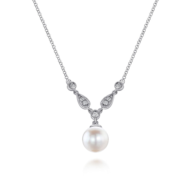 14K White Gold Cultured Pearl and Diamond Accent Necklace