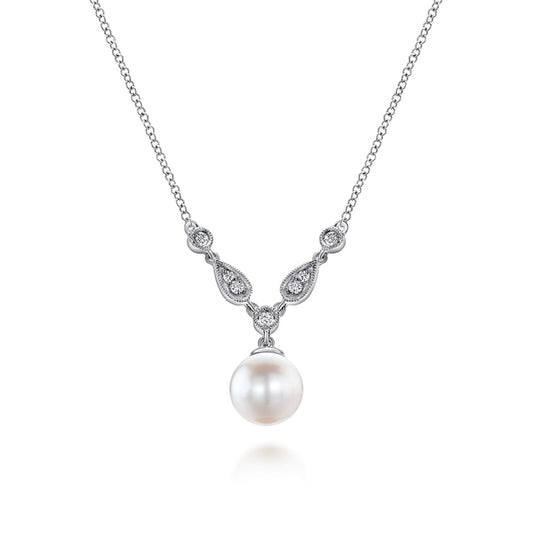 14K White Gold Cultured Pearl and Diamond Accent Necklace