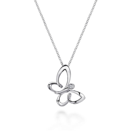 18 inch 925 Sterling Silver White Sapphire Sideways Butterfly Pendant Necklace