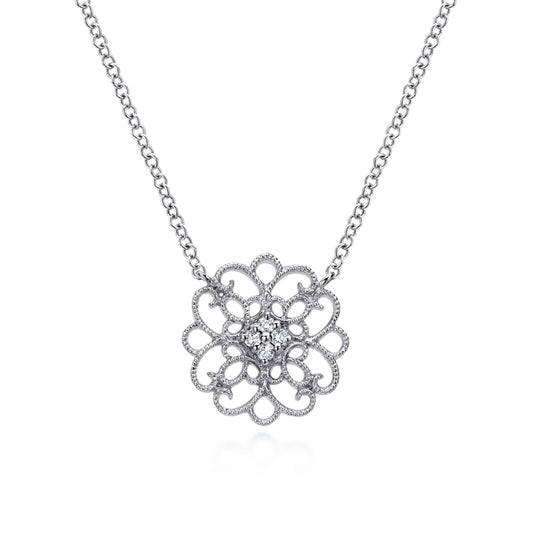 925 Sterling Silver Round Filigree White Sapphire Pendant Necklace