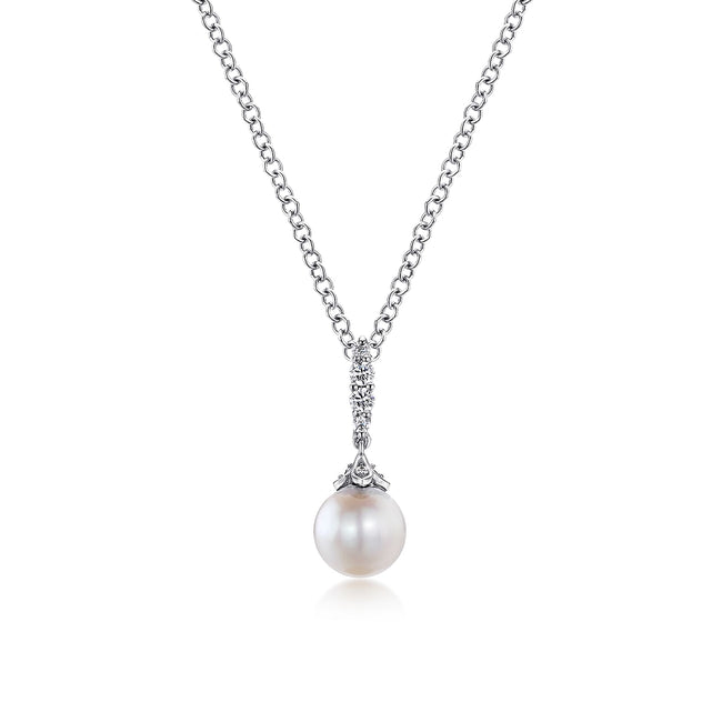 14K White Gold Cultured Pearl and Diamond Drop Pendant Necklace