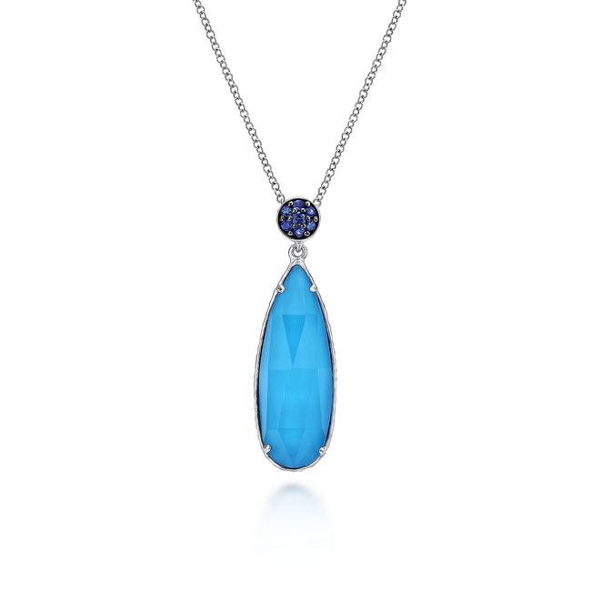 925 Sterling Silver Rock Crystal/Turquoise Teardrop Pendant with Sapphire