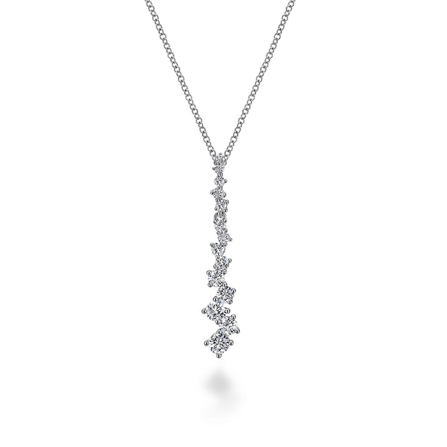 14K White Gold Linear Diamond Cluster Pendant Necklace