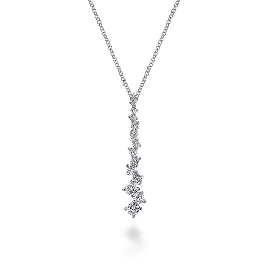 14K White Gold Linear Diamond Cluster Pendant Necklace
