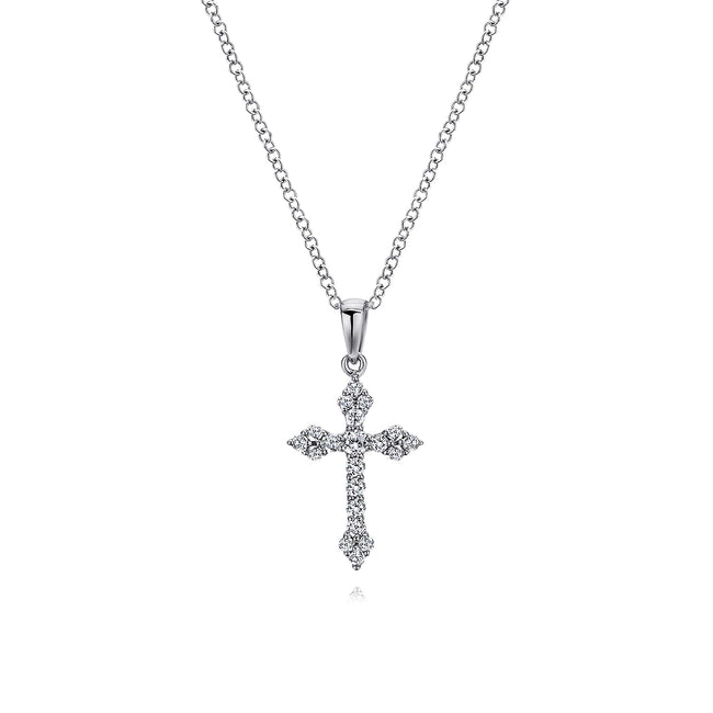 14K White Gold Diamond Cross Pendant Necklace