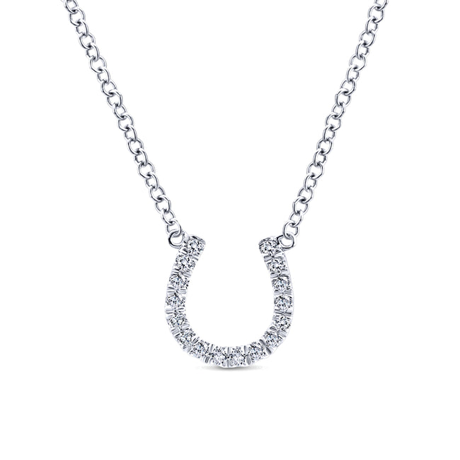 14K White Gold Diamond Horseshoe Pendant Necklace