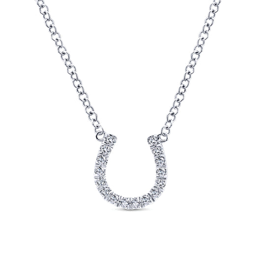 14K White Gold Diamond Horseshoe Pendant Necklace