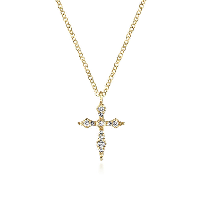 14K Yellow Gold Sculpted Diamond Cross Pendant Necklace